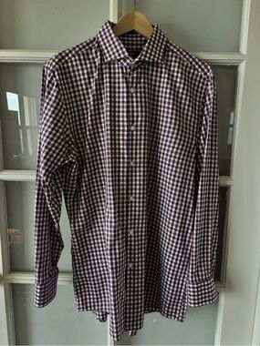 Hugo Boss Purple and White Gingham Dress Shirt with Spread Italian Collar.